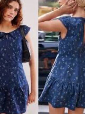 Free People Navy Blue Floral Button-Front Tiered Dress